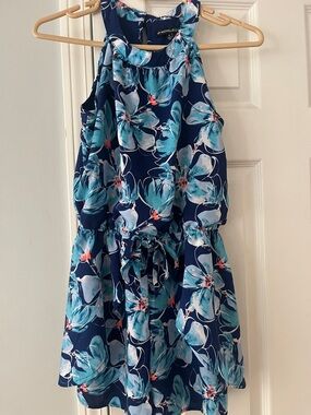 My Michelle Navy Floral Halter Dress with Aqua and Coral Accents